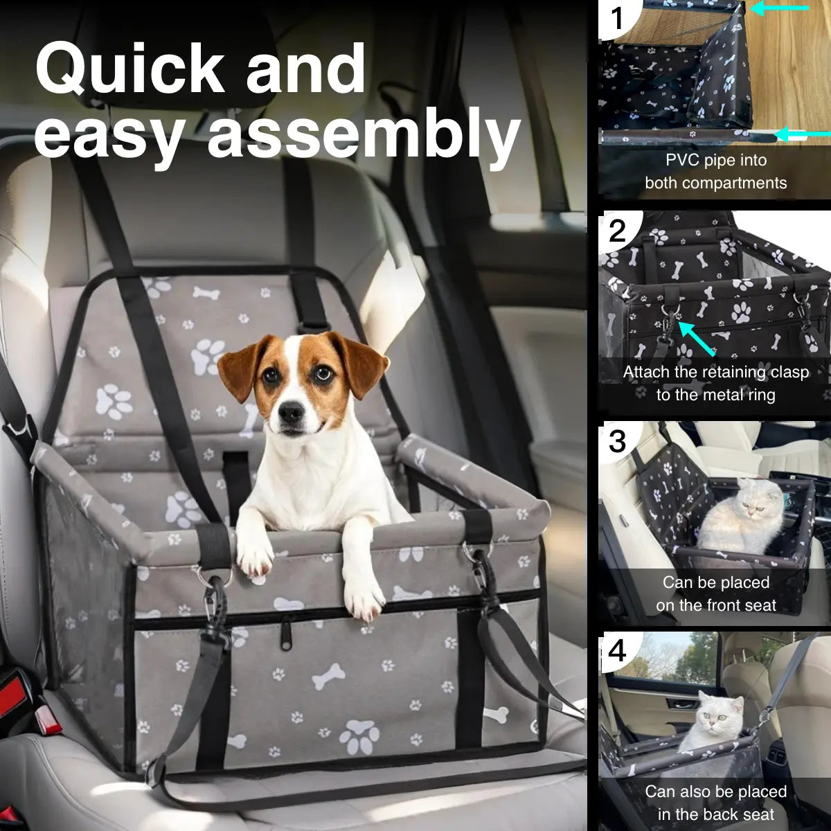 Pet Car Seat – Foldable Travel Safety Booster for Cats & Dogs | Breathable & Easy to Clean with Large Space | Fits Front & Back Seats, Easy to Assemble, Dogaccessories