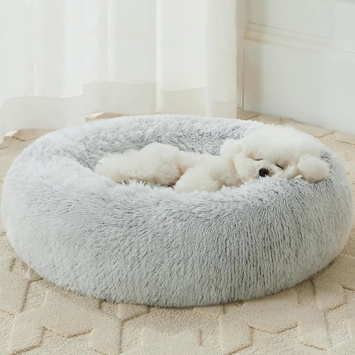 BFPETHOME Calming Donut Dog & Cat Bed - 25D Foam Cushioned, Anti-Anxiety Snap Design, Deep Sleep Support, Fluffy Bedding, Machine Washable, Cold Water Safe, 30X30X8 In, Navy Grey, for 45 Lbs Small Dogs/Large Cats