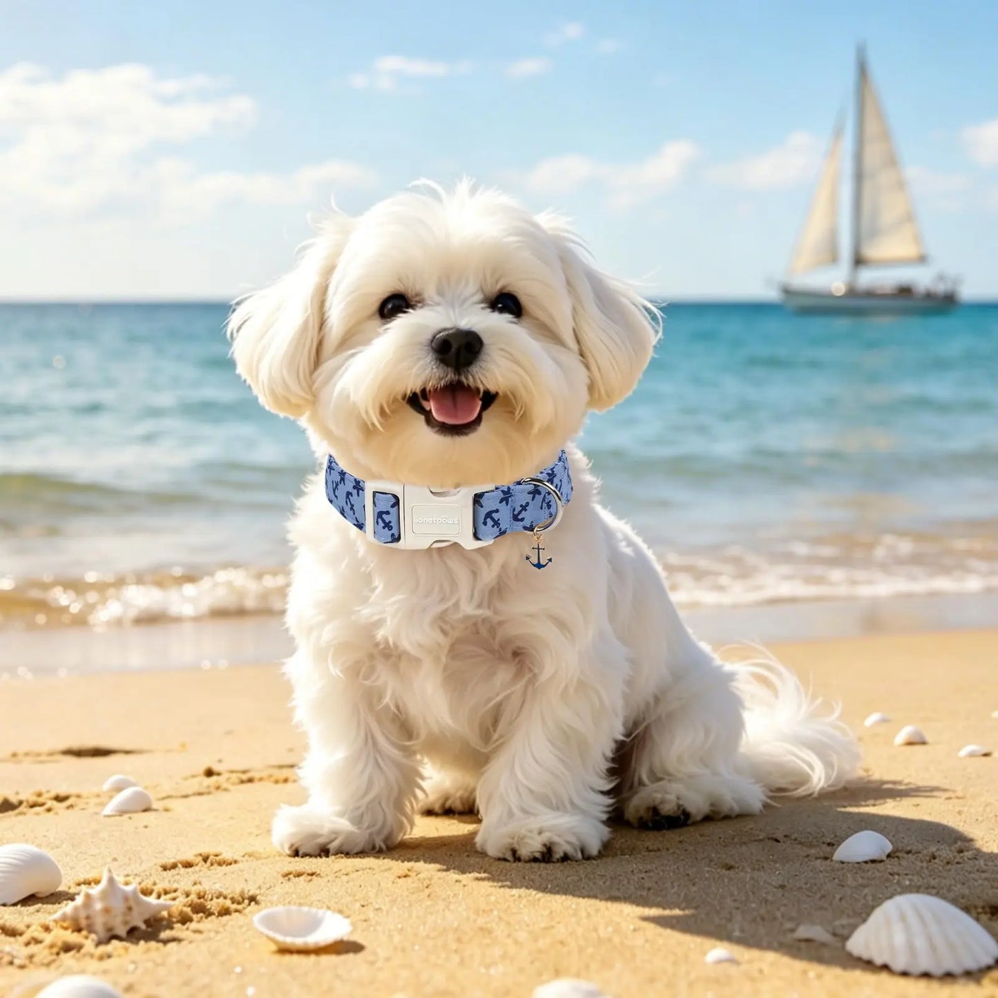 Lionet Paws Blue Summer Dog Collar - Cute Anchor Graphic Pendant, Non-Stretchy, Hand Wash Only for Small-Medium Male Dogs, Collars
