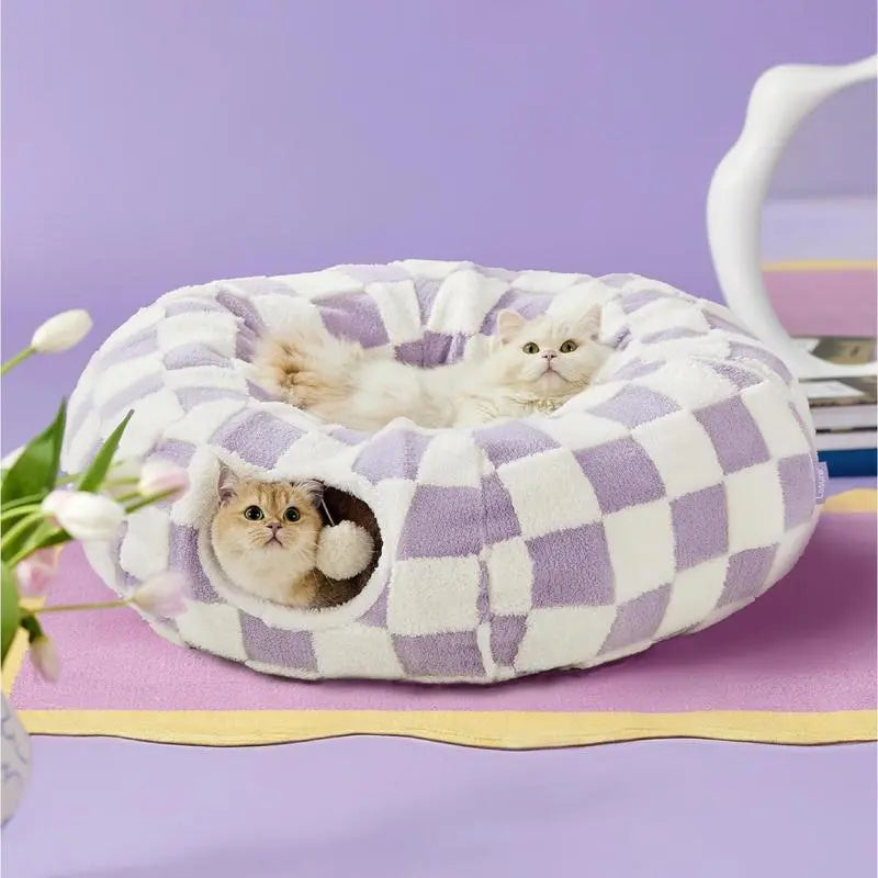 Large Cat Tunnel Bed for Indoor Cats - Cute Cat Donut Tunnel Toys for Small Large Cats with Washable Circle Cushion, round Pet Peekaboo Cave Toy for Kitten/Puppy/Rabbit, Standard Blue