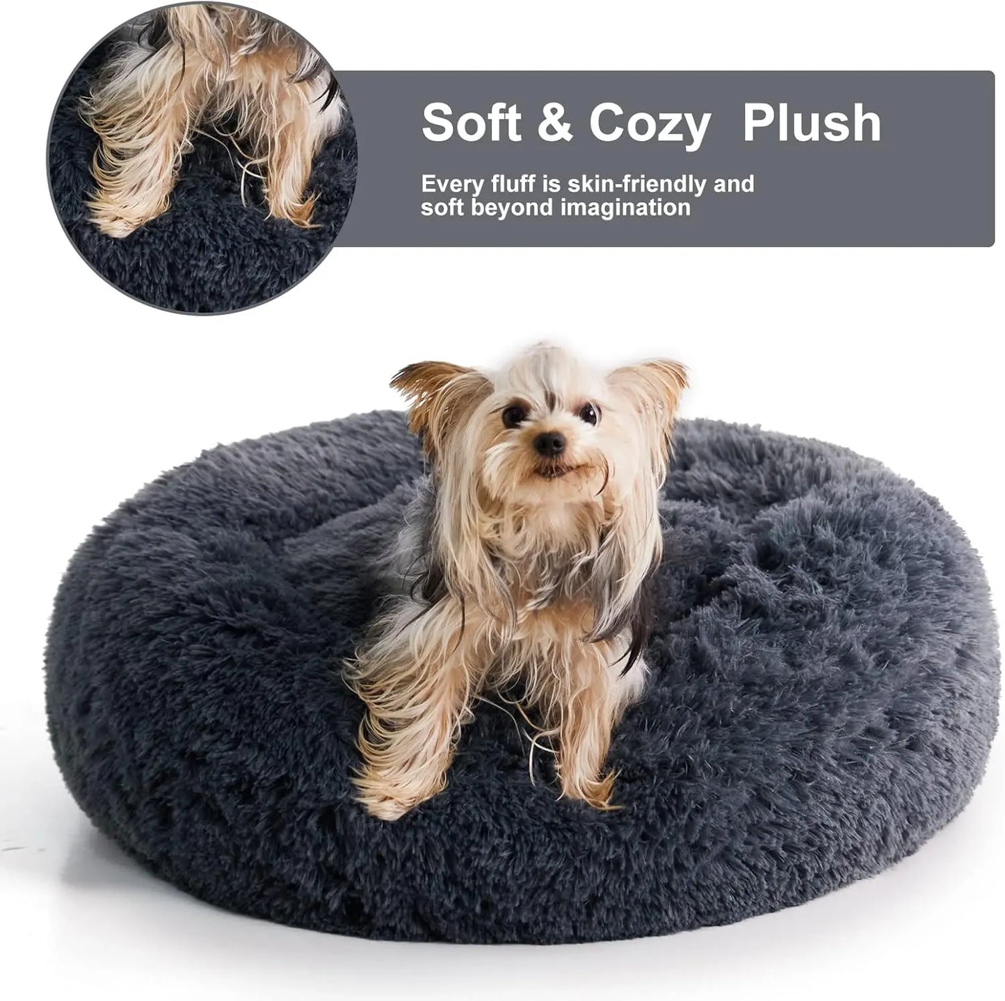 BFPETHOME Calming Donut Dog & Cat Bed - 25D Foam Cushioned, Anti-Anxiety Snap Design, Deep Sleep Support, Fluffy Bedding, Machine Washable, Cold Water Safe, 30X30X8 In, Navy Grey, for 45 Lbs Small Dogs/Large Cats