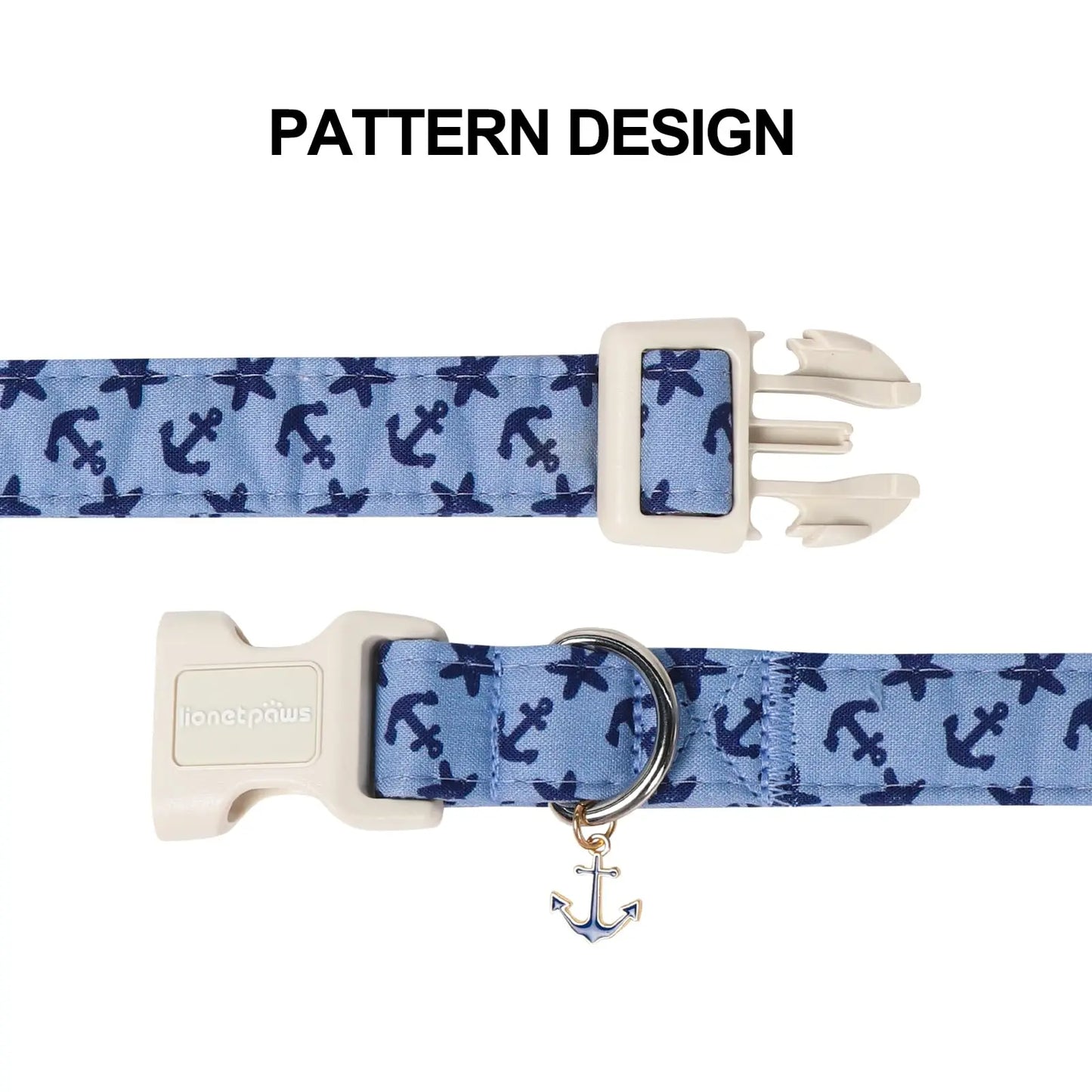 Lionet Paws Blue Summer Dog Collar - Cute Anchor Graphic Pendant, Non-Stretchy, Hand Wash Only for Small-Medium Male Dogs, Collars