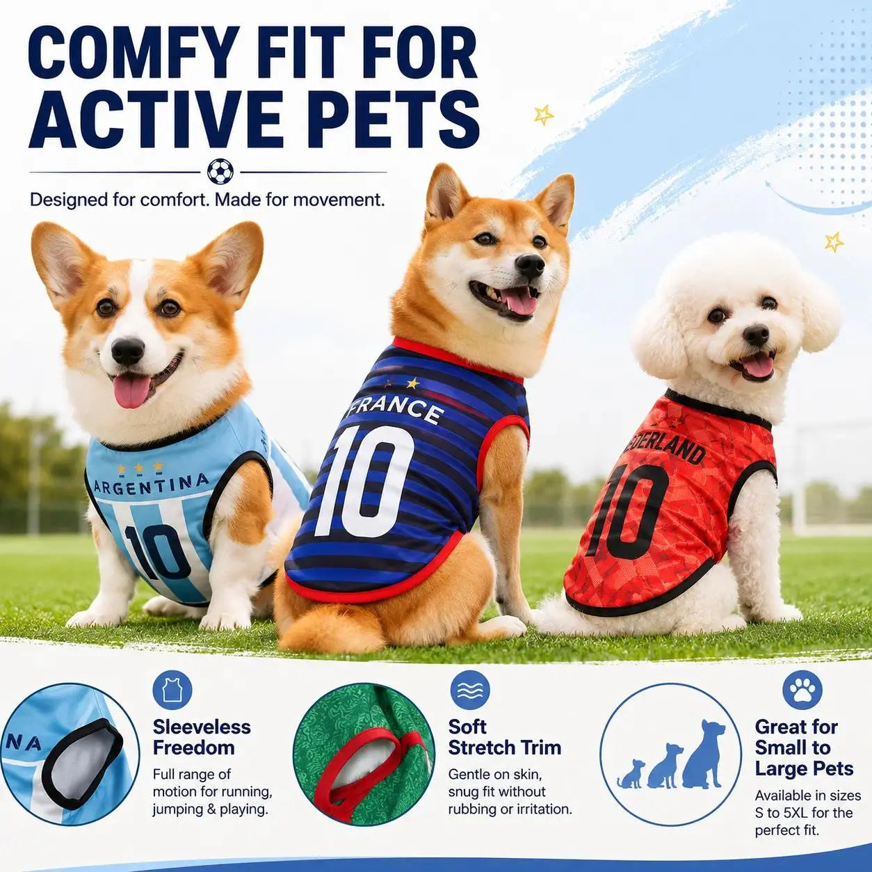 Pet Soccer Jersey Vest for Dogs & Cats, Lightweight Breathable Summer Pet Shirt, Team-Inspired Sleeveless Dog Clothes for Small Medium Pets