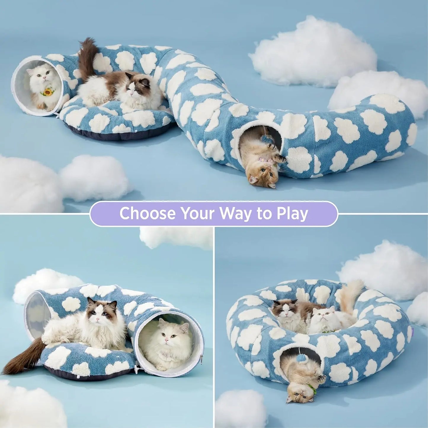 Large Cat Tunnel Bed for Indoor Cats - Cute Cat Donut Tunnel Toys for Small Large Cats with Washable Circle Cushion, round Pet Peekaboo Cave Toy for Kitten/Puppy/Rabbit, Standard Blue