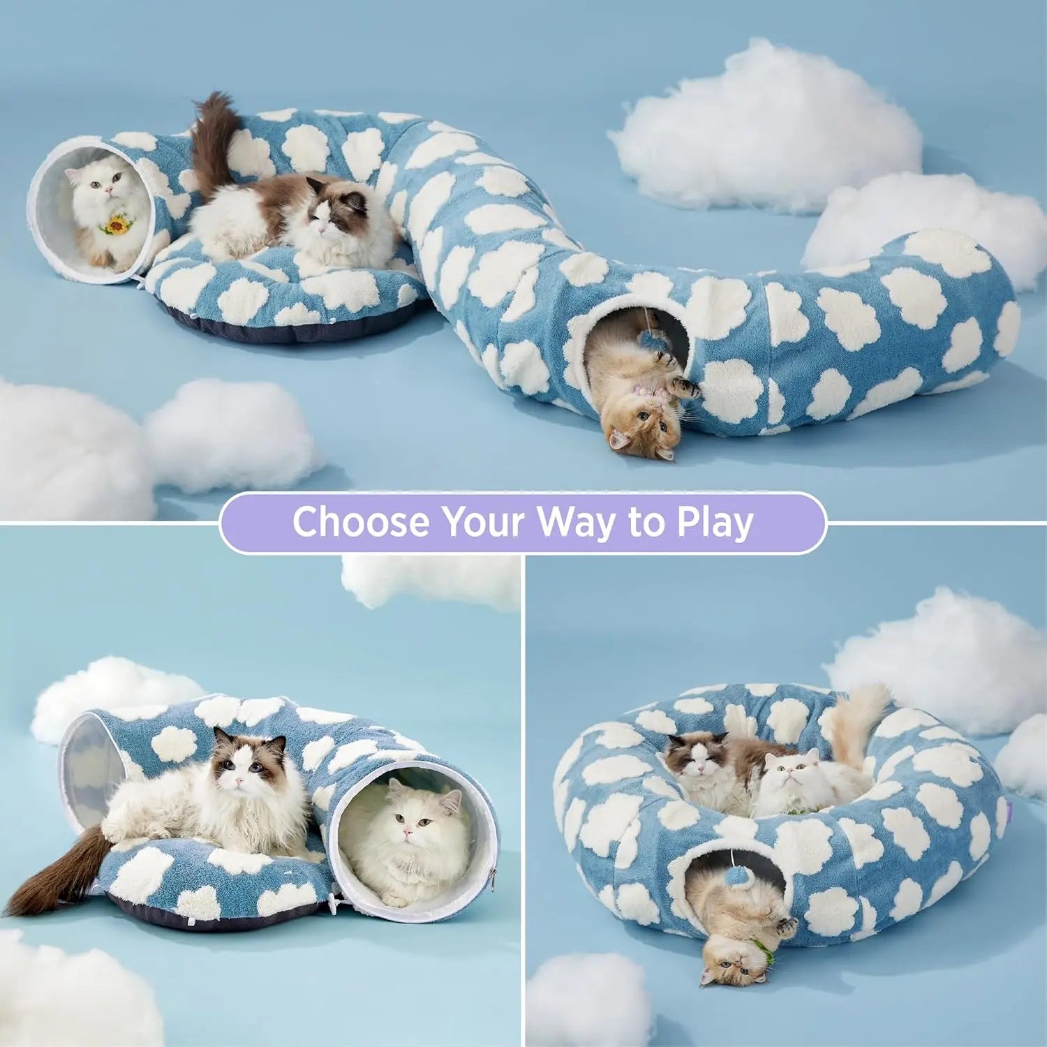 Large Cat Tunnel Bed for Indoor Cats - Cute Cat Donut Tunnel Toys for Small Large Cats with Washable Circle Cushion, round Pet Peekaboo Cave Toy for Kitten/Puppy/Rabbit, Standard Blue