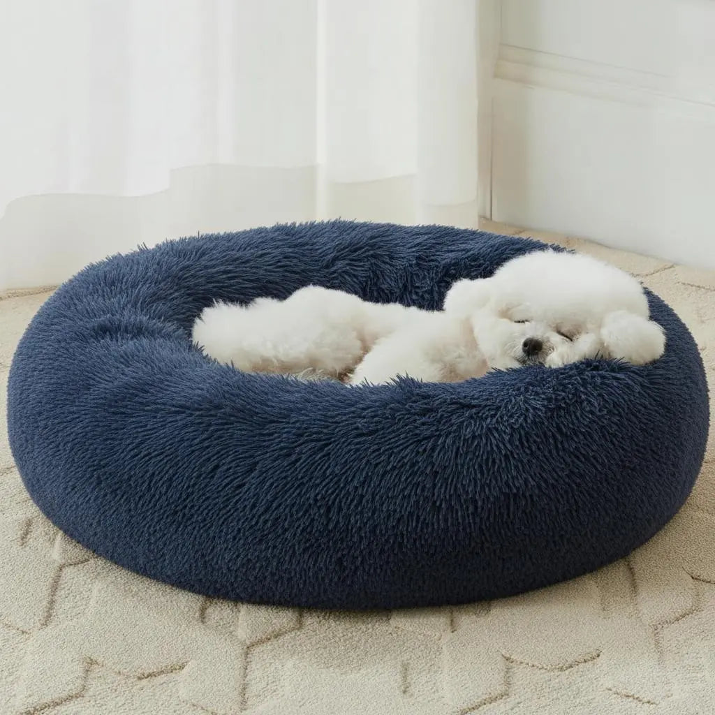 BFPETHOME Calming Donut Dog & Cat Bed - 25D Foam Cushioned, Anti-Anxiety Snap Design, Deep Sleep Support, Fluffy Bedding, Machine Washable, Cold Water Safe, 30X30X8 In, Navy Grey, for 45 Lbs Small Dogs/Large Cats