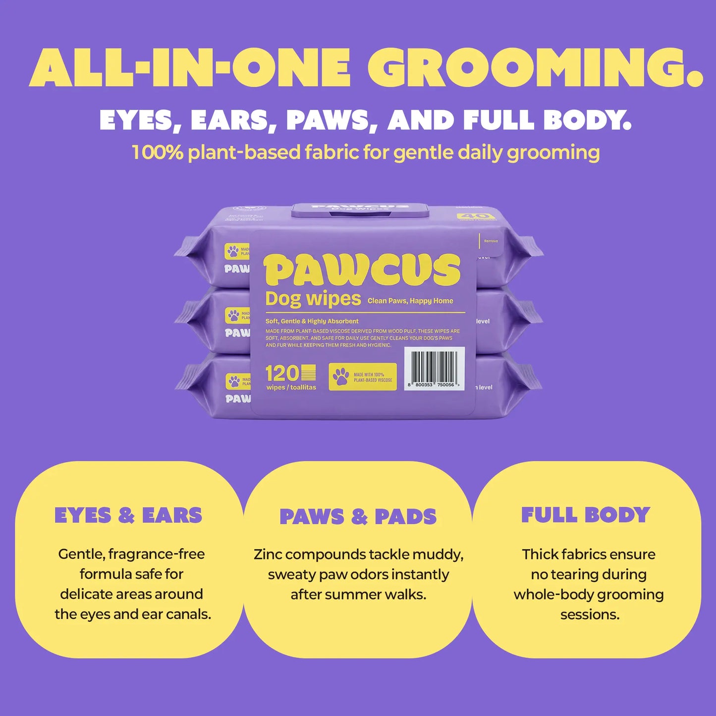 PAWCUS Premium Dog Wipes - 120 Count Smart Pack (3-Pack Bundle) | Made from 100% Plant-Based Viscose