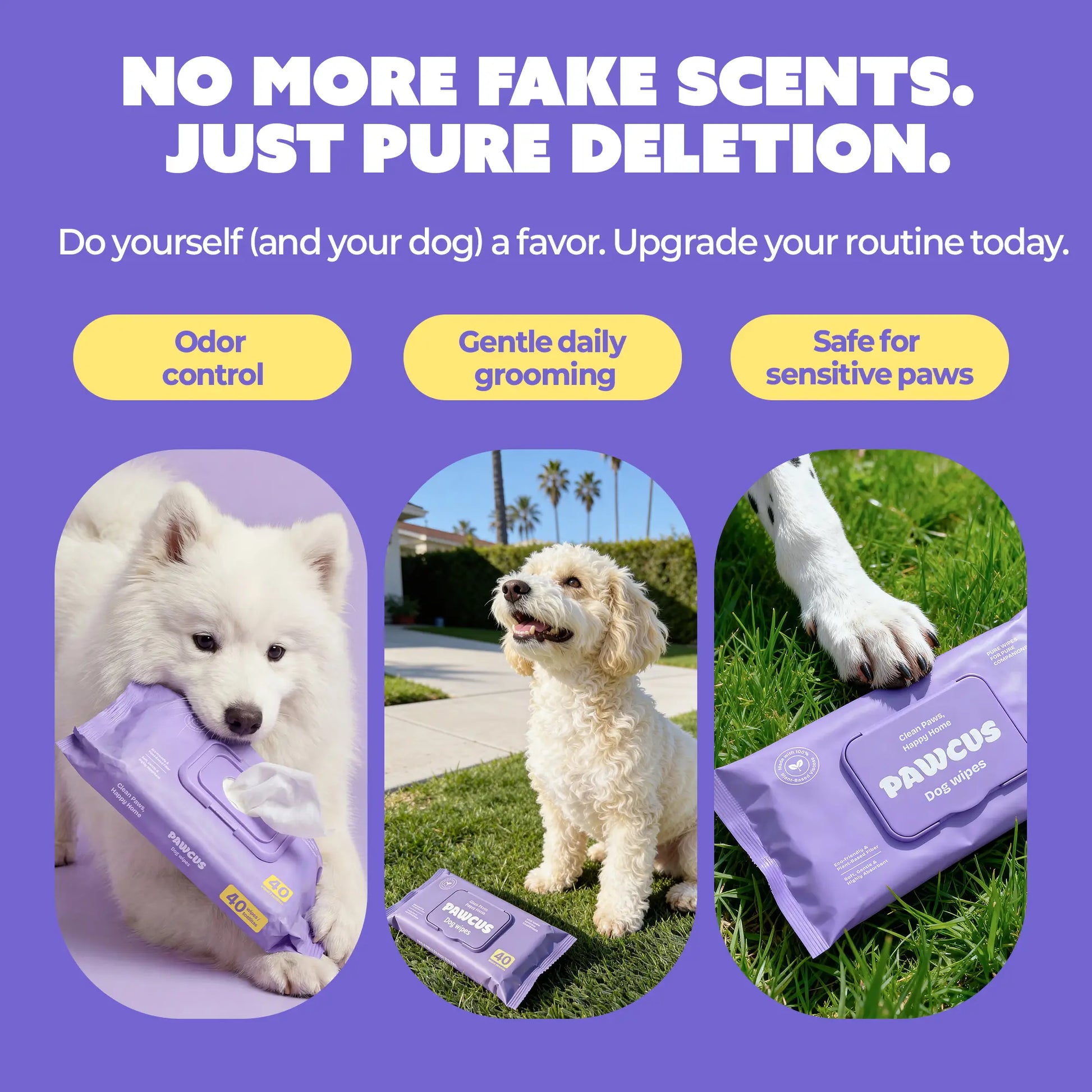 PAWCUS Premium Dog Wipes - 120 Count Smart Pack (3-Pack Bundle) | Made from 100% Plant-Based Viscose