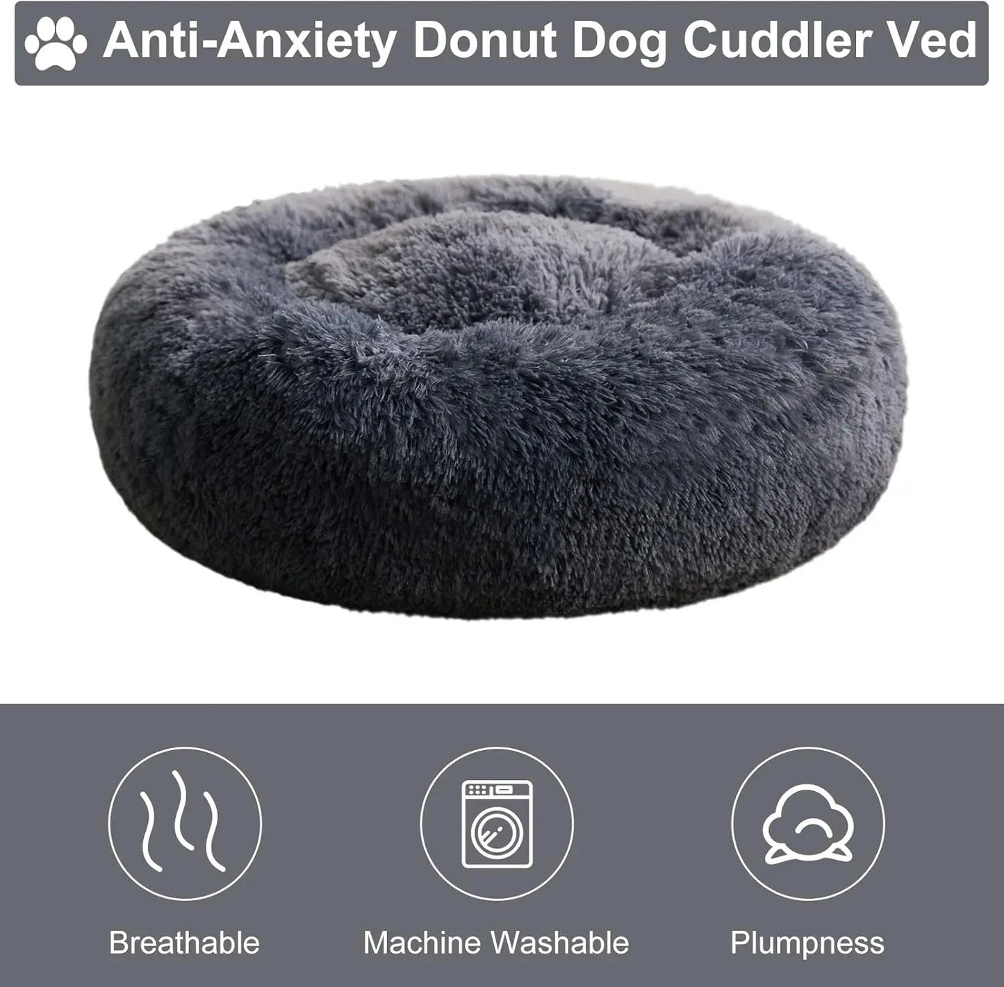 BFPETHOME Calming Donut Dog & Cat Bed - 25D Foam Cushioned, Anti-Anxiety Snap Design, Deep Sleep Support, Fluffy Bedding, Machine Washable, Cold Water Safe, 30X30X8 In, Navy Grey, for 45 Lbs Small Dogs/Large Cats