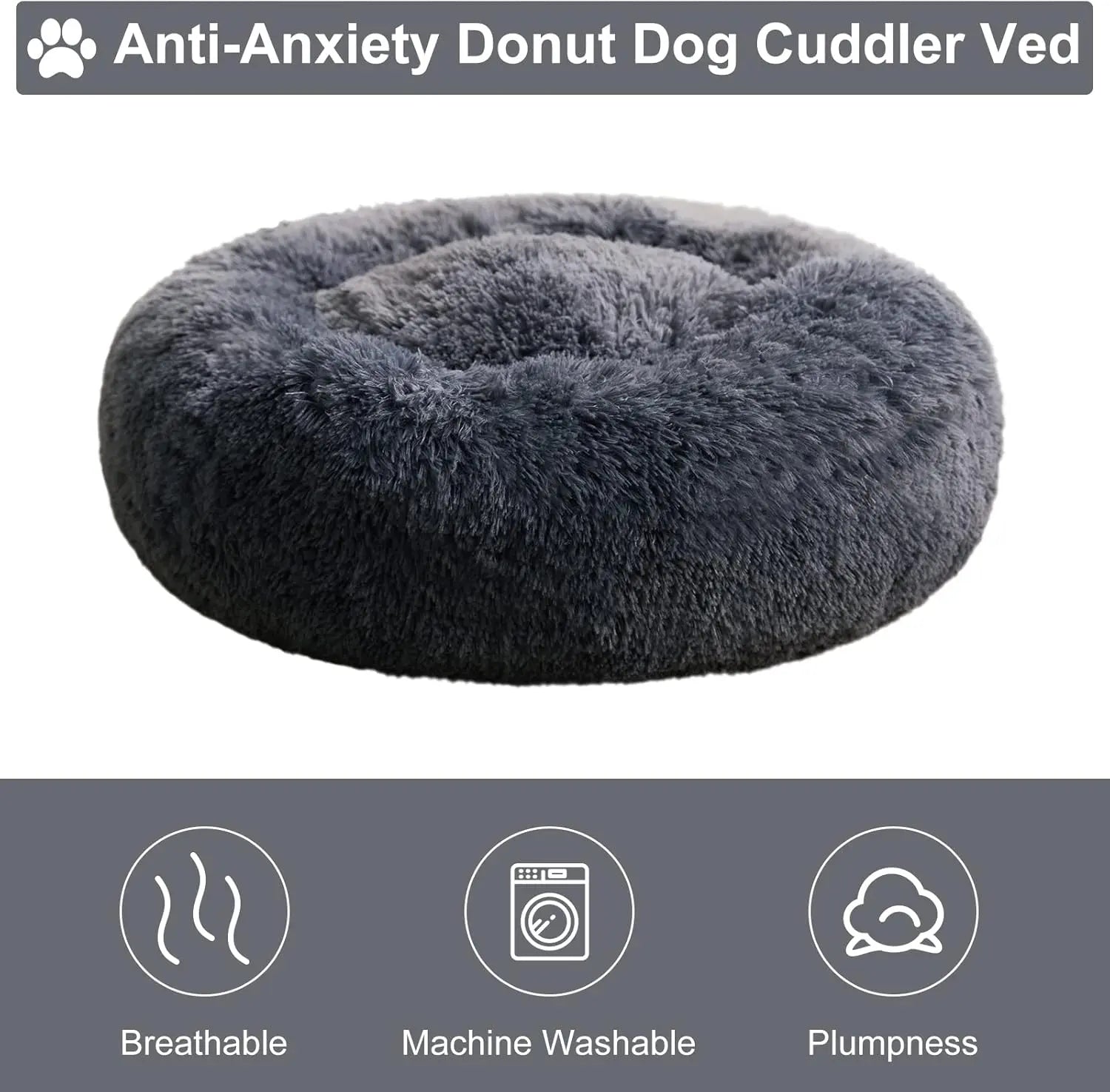 BFPETHOME Calming Donut Dog & Cat Bed - 25D Foam Cushioned, Anti-Anxiety Snap Design, Deep Sleep Support, Fluffy Bedding, Machine Washable, Cold Water Safe, 30X30X8 In, Navy Grey, for 45 Lbs Small Dogs/Large Cats