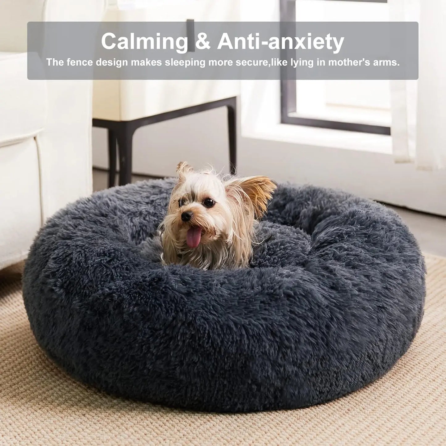 BFPETHOME Calming Donut Dog & Cat Bed - 25D Foam Cushioned, Anti-Anxiety Snap Design, Deep Sleep Support, Fluffy Bedding, Machine Washable, Cold Water Safe, 30X30X8 In, Navy Grey, for 45 Lbs Small Dogs/Large Cats