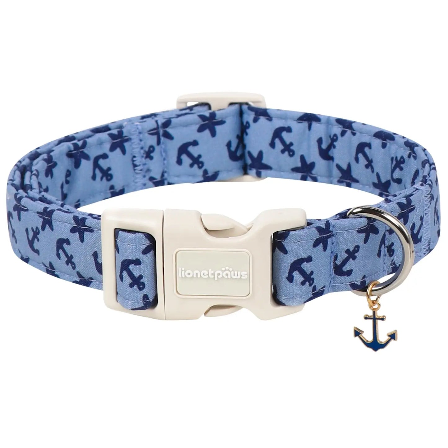 Lionet Paws Blue Summer Dog Collar - Cute Anchor Graphic Pendant, Non-Stretchy, Hand Wash Only for Small-Medium Male Dogs, Collars