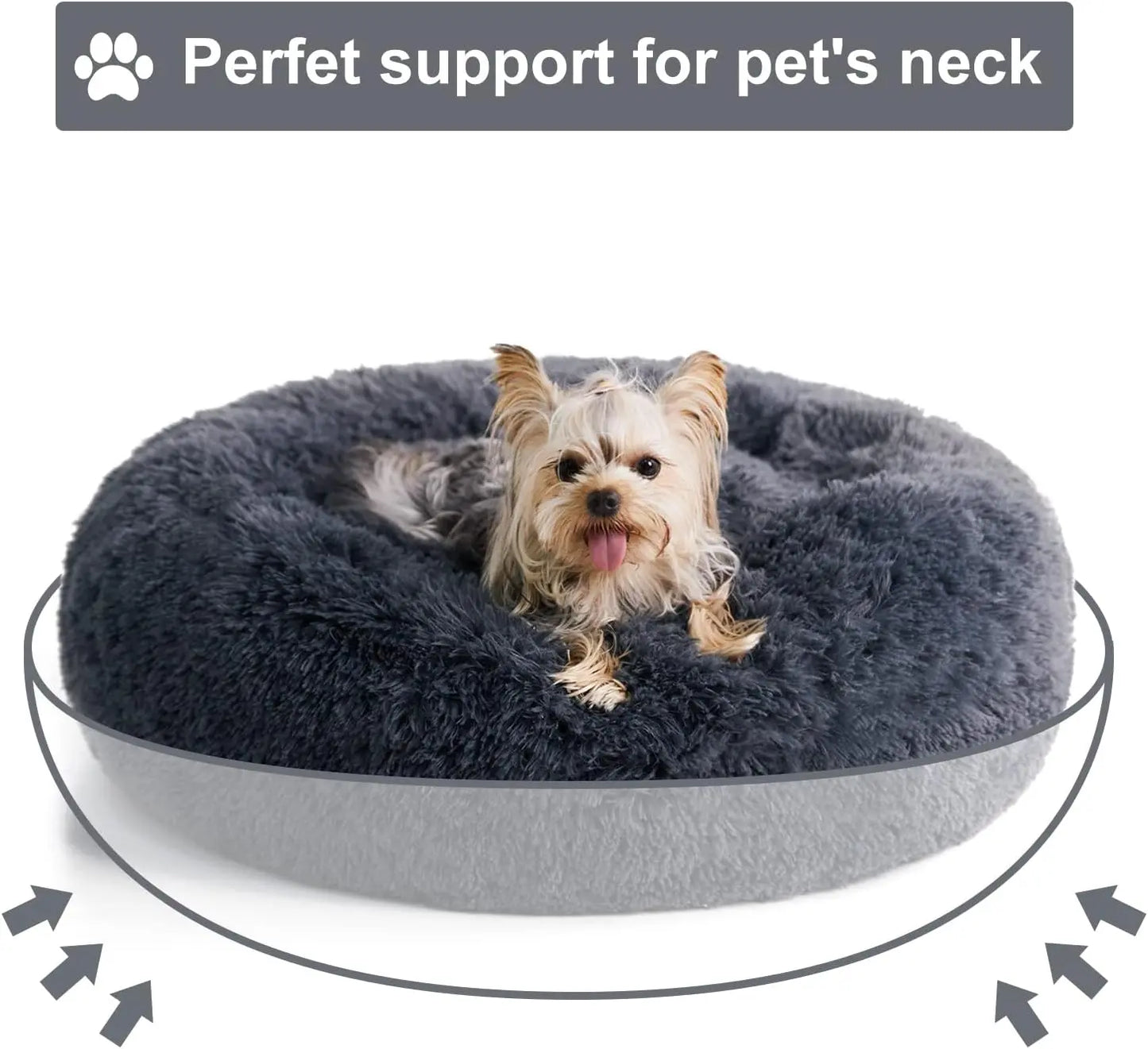 BFPETHOME Calming Donut Dog & Cat Bed - 25D Foam Cushioned, Anti-Anxiety Snap Design, Deep Sleep Support, Fluffy Bedding, Machine Washable, Cold Water Safe, 30X30X8 In, Navy Grey, for 45 Lbs Small Dogs/Large Cats