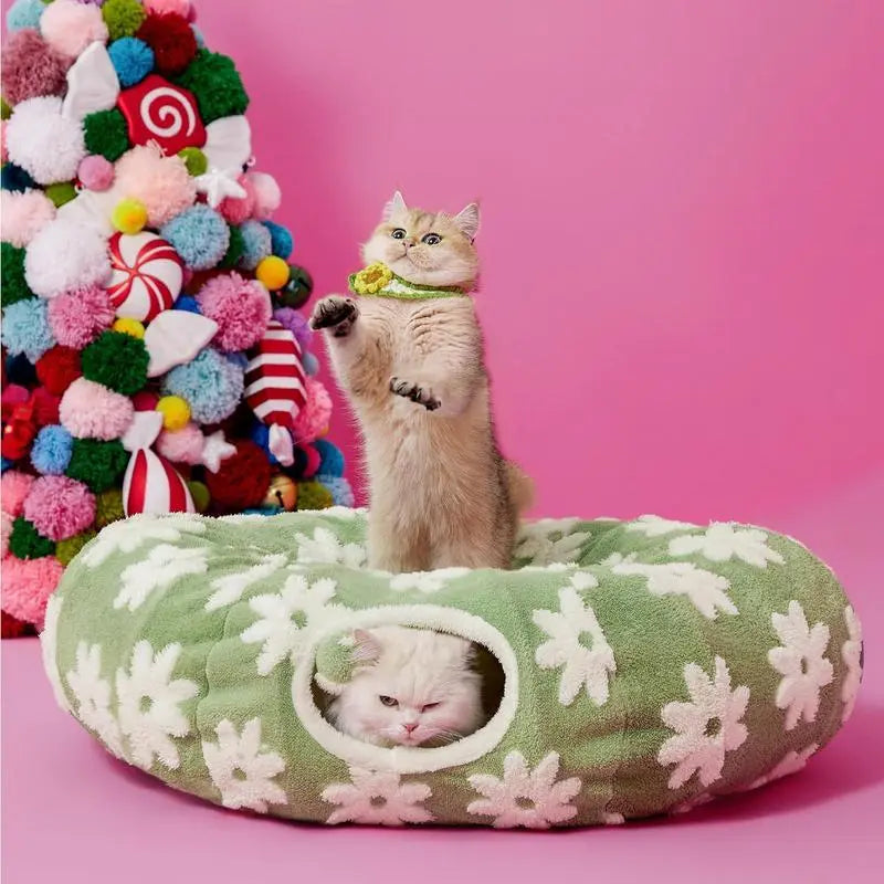Large Cat Tunnel Bed for Indoor Cats - Cute Cat Donut Tunnel Toys for Small Large Cats with Washable Circle Cushion, round Pet Peekaboo Cave Toy for Kitten/Puppy/Rabbit, Standard Blue