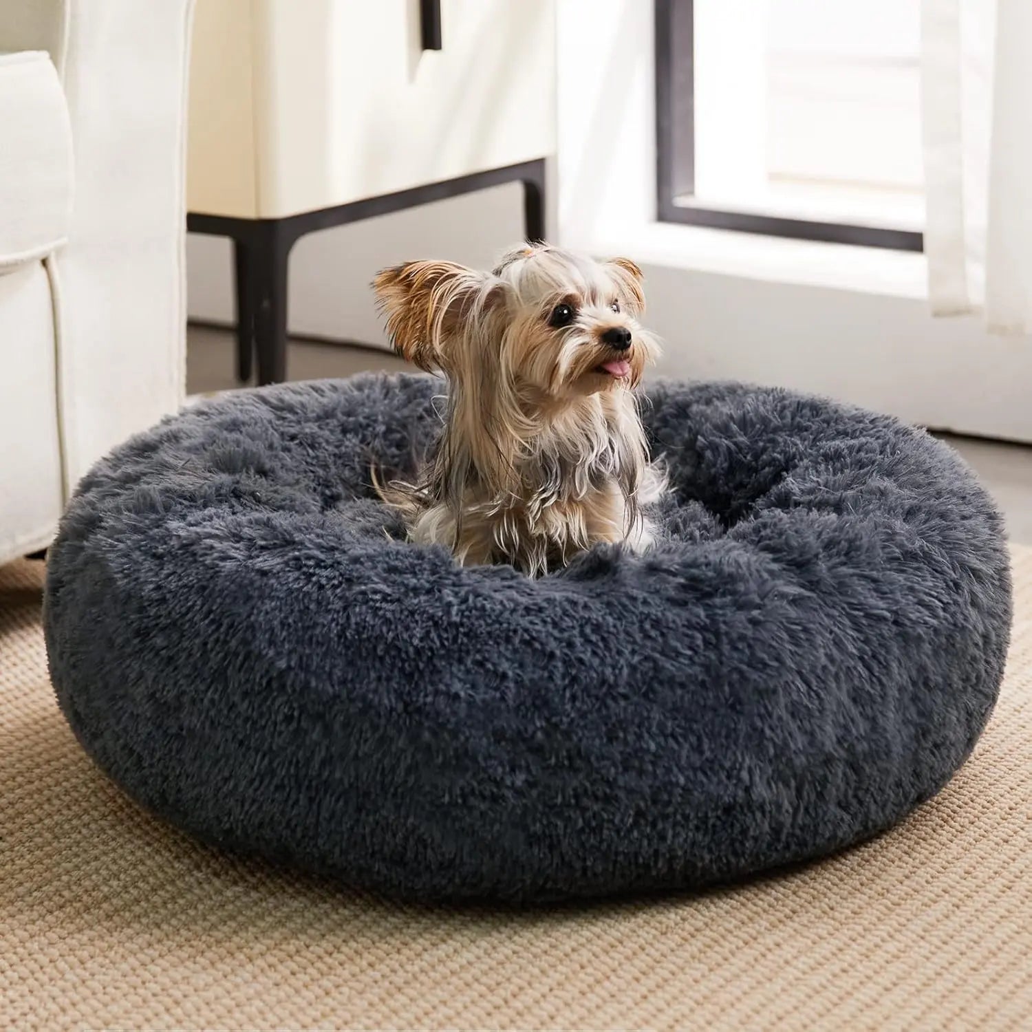 BFPETHOME Calming Donut Dog & Cat Bed - 25D Foam Cushioned, Anti-Anxiety Snap Design, Deep Sleep Support, Fluffy Bedding, Machine Washable, Cold Water Safe, 30X30X8 In, Navy Grey, for 45 Lbs Small Dogs/Large Cats