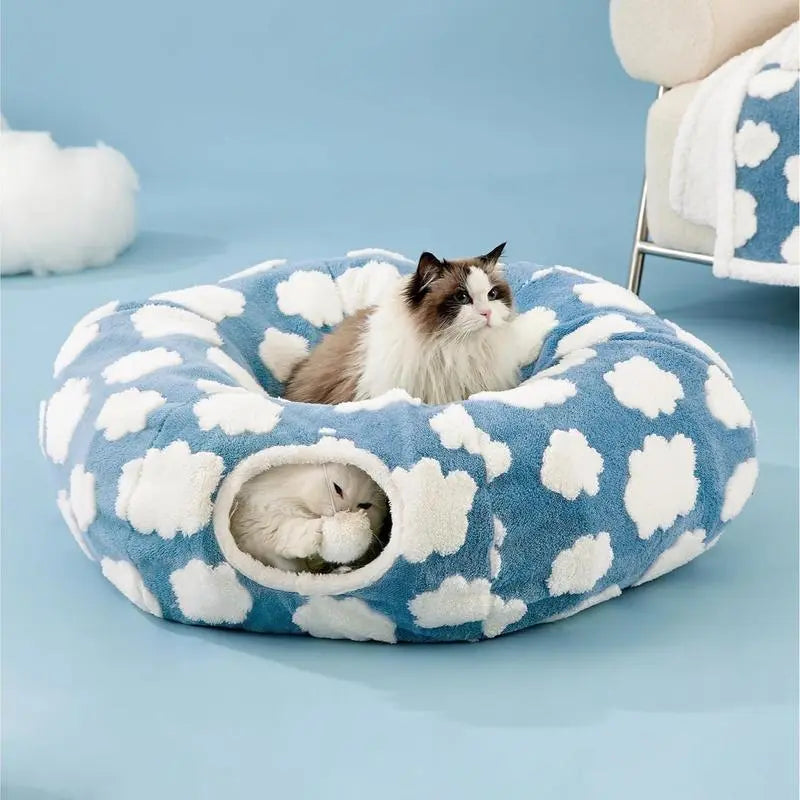 Large Cat Tunnel Bed for Indoor Cats - Cute Cat Donut Tunnel Toys for Small Large Cats with Washable Circle Cushion, round Pet Peekaboo Cave Toy for Kitten/Puppy/Rabbit, Standard Blue