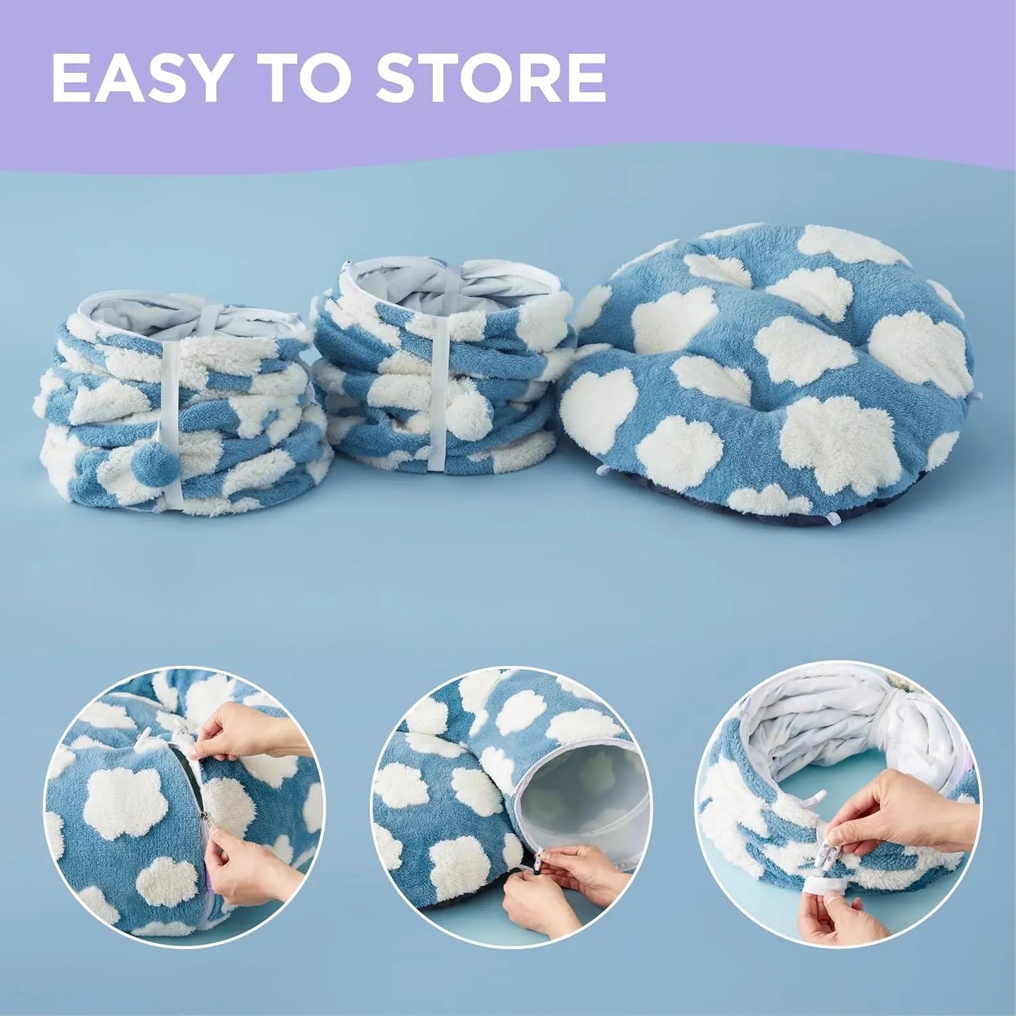 Large Cat Tunnel Bed for Indoor Cats - Cute Cat Donut Tunnel Toys for Small Large Cats with Washable Circle Cushion, round Pet Peekaboo Cave Toy for Kitten/Puppy/Rabbit, Standard Blue