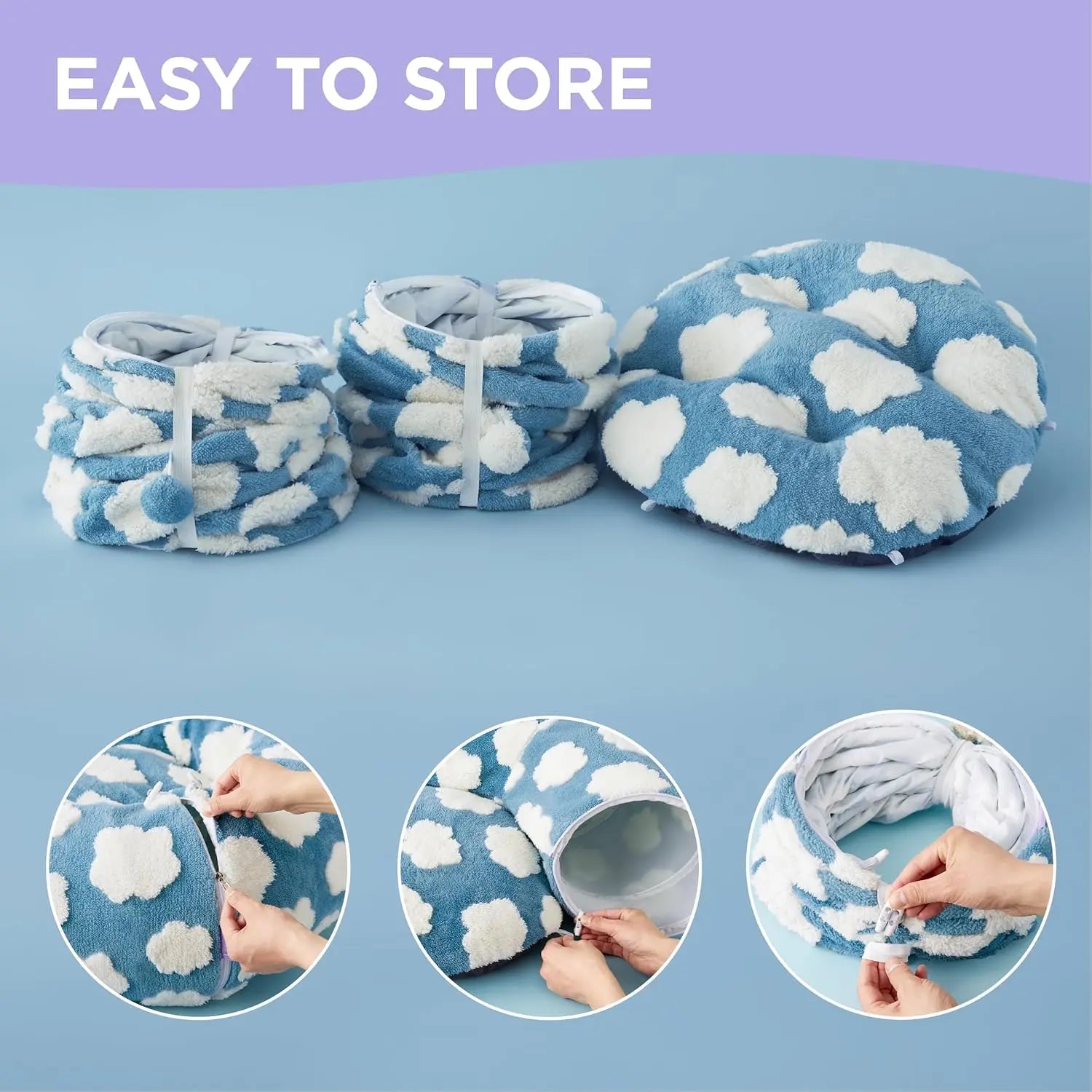 Large Cat Tunnel Bed for Indoor Cats - Cute Cat Donut Tunnel Toys for Small Large Cats with Washable Circle Cushion, round Pet Peekaboo Cave Toy for Kitten/Puppy/Rabbit, Standard Blue