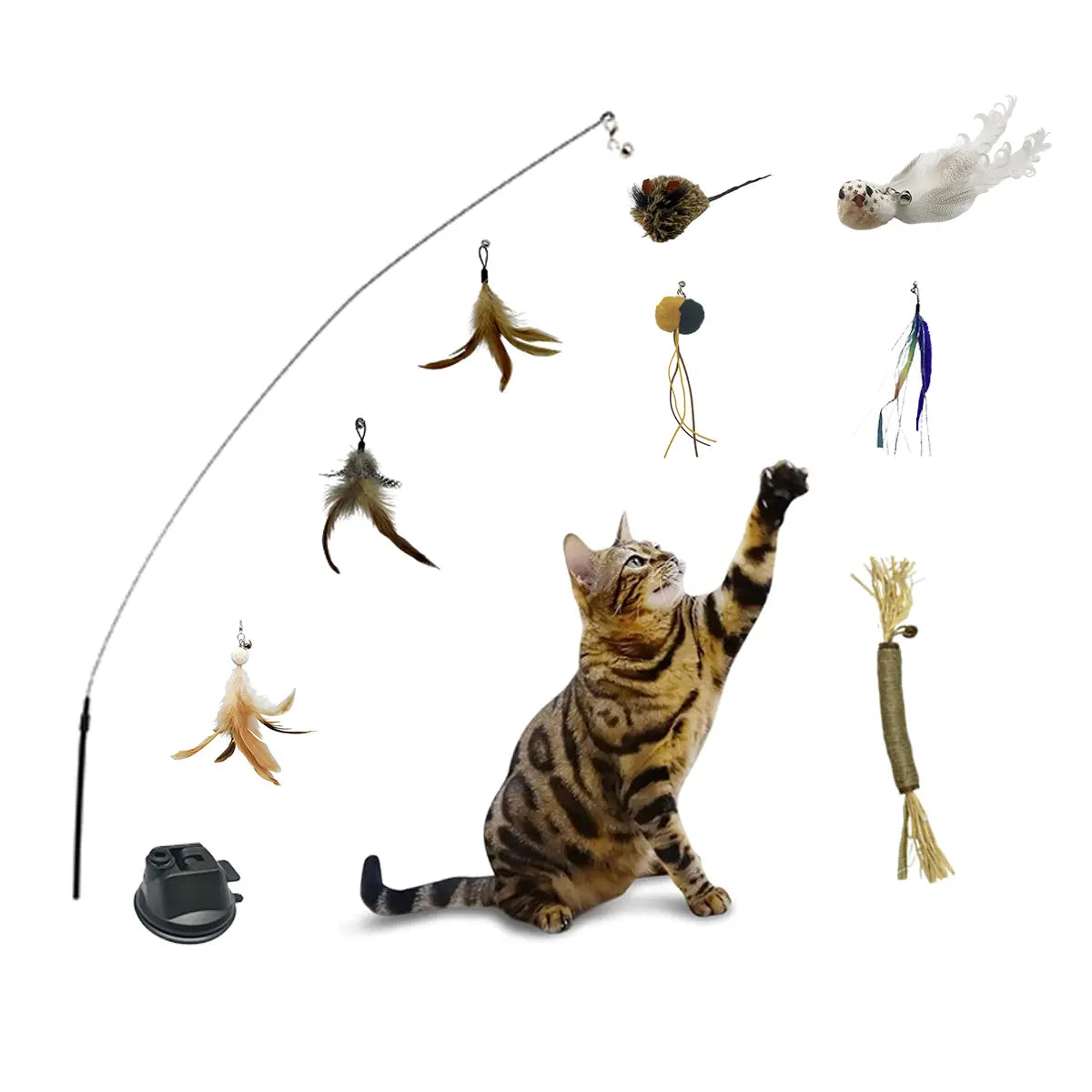 (10 Pack) Interactive Bird Simulation Cat Toy Set with Foam, Plaque Removal, Self-Holding Suction Base, Replacement Birds, Feathers, Bells, Simulated Mouse, Silvervine Stick, Encourages Self-Play for Indoor Cats & Healthy Gums Cat Toys Cat Stuff